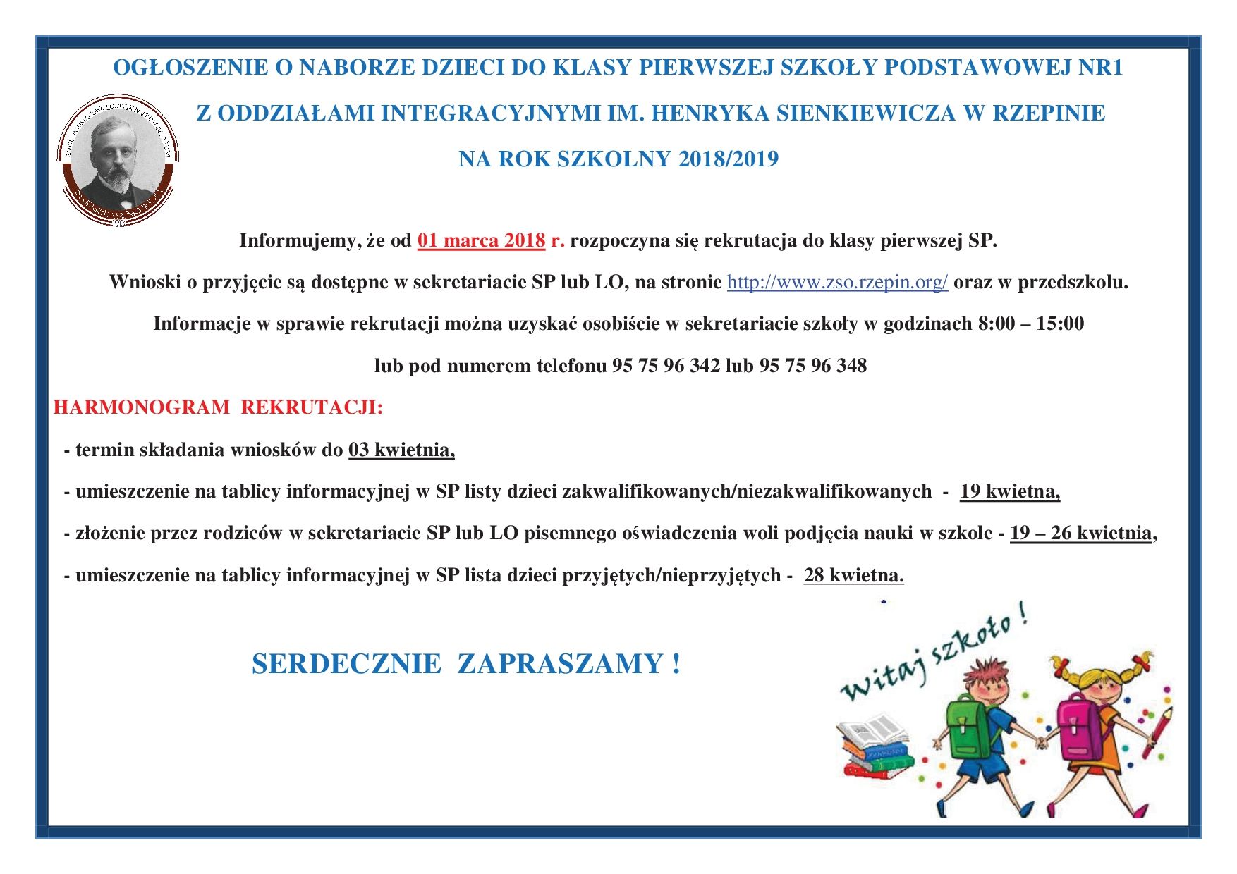 Ilustracja do informacji: Ogłoszenie o naborze dzieci do Szkoły Podstawowej nr 1 w Rzepinie
