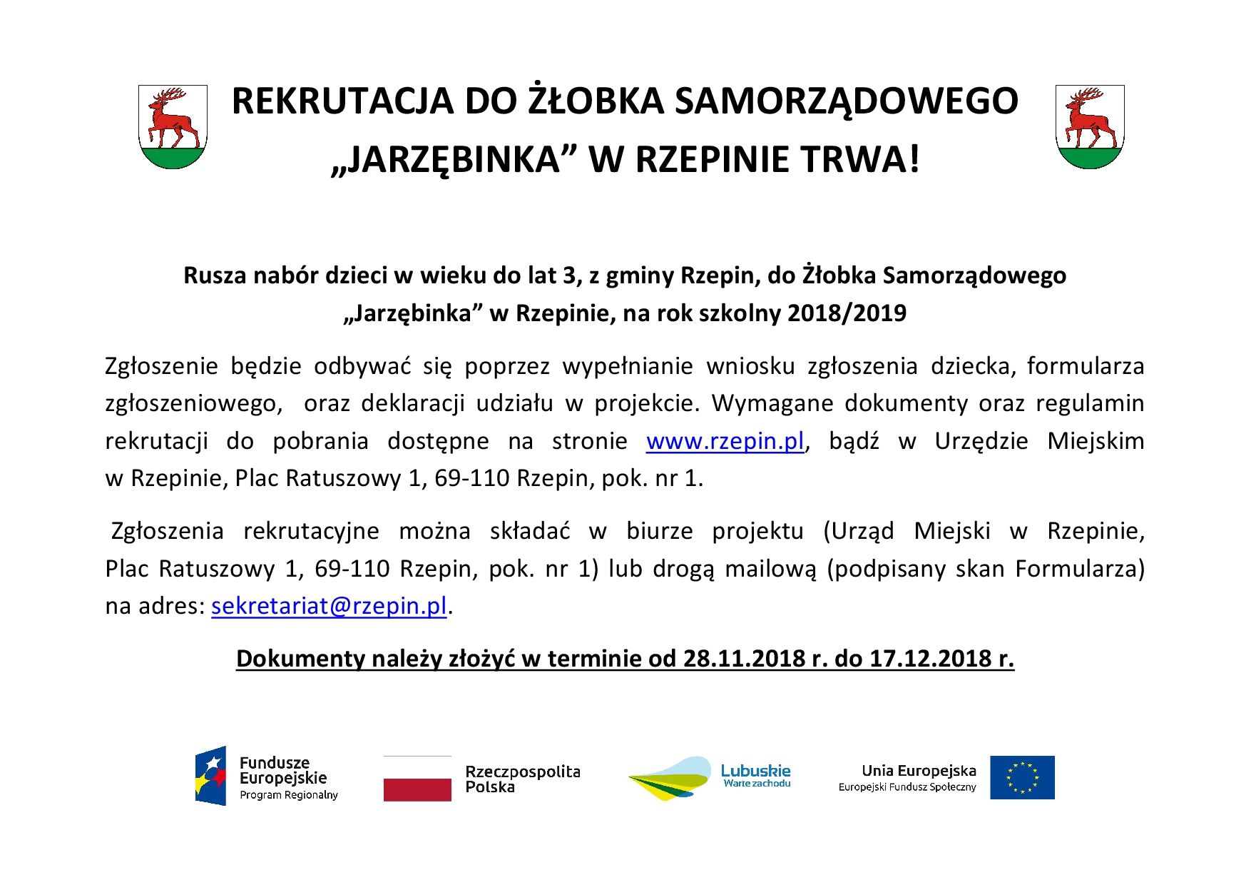Ilustracja do informacji: Rekrutacja do Żłobka Samorządowego "Jarzębinka" w Rzepinie trwa!