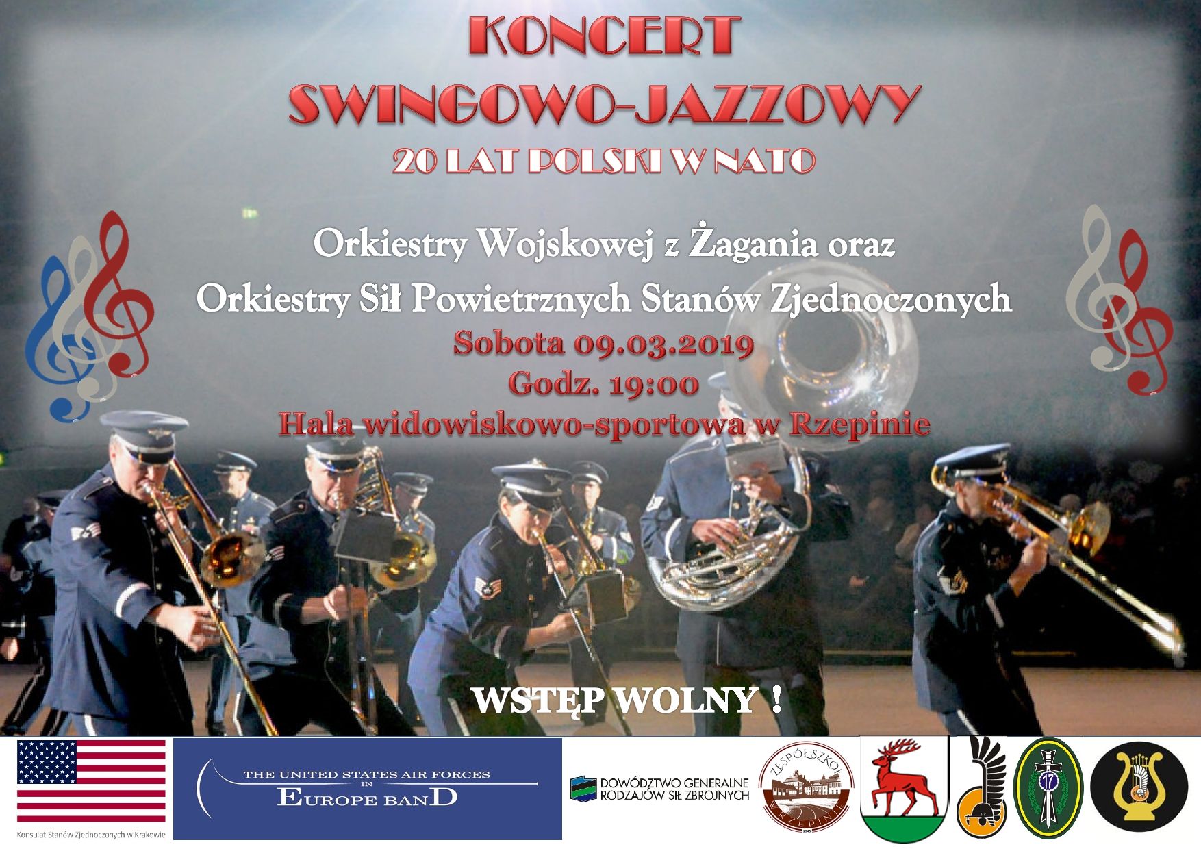 Ilustracja do informacji: Zapraszamy na koncert swingowo - jazzowy Orkiestry Wojskowej z Żagania i Orkiestry Sił Powietrznych Stanów Zjednoczonych!