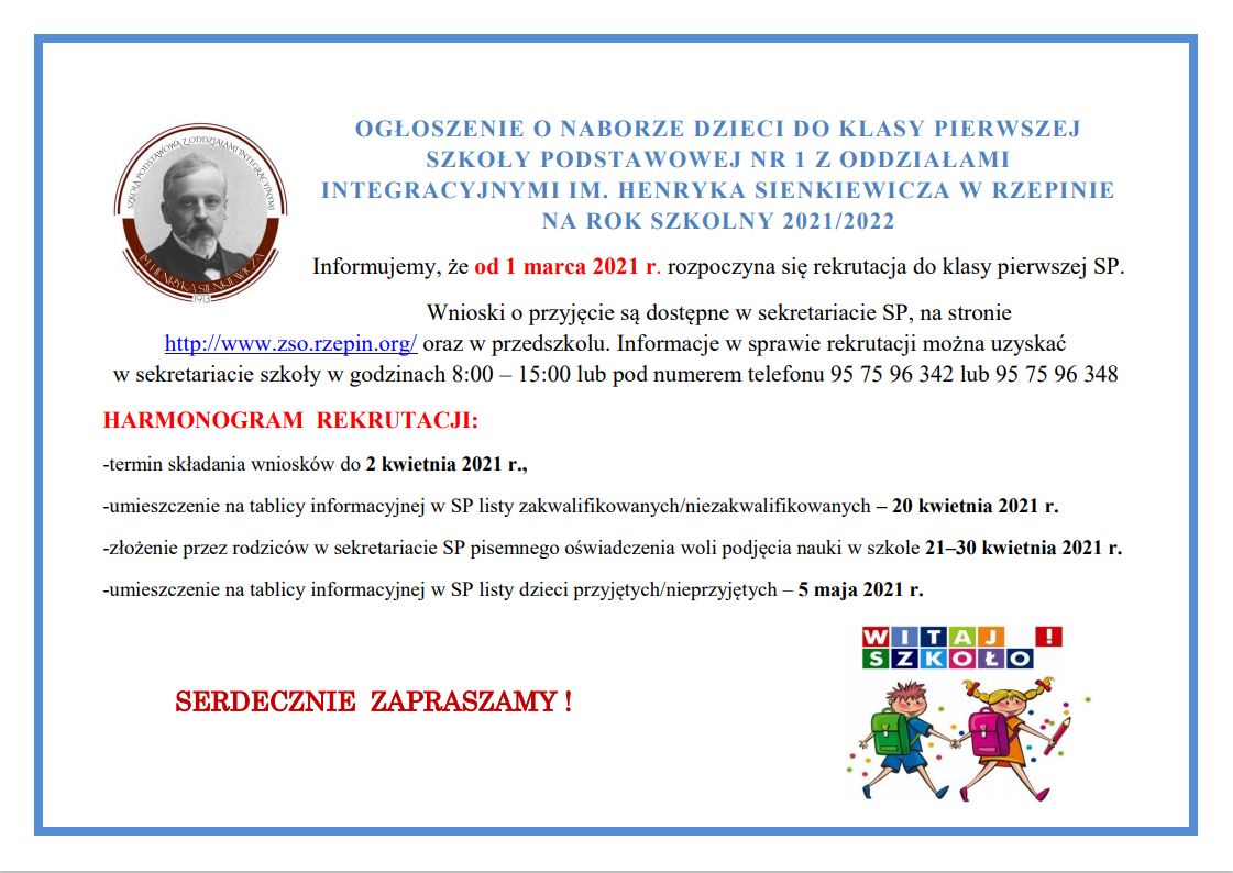 Ilustracja do informacji: Ogłoszenie o naborze dzieci do klasy pierwszej Szkoły Podstawowej nr 1 w Rzepinie.